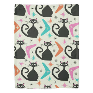Mid Century Black Atomic Cats with Boomerangs Duvet Cover