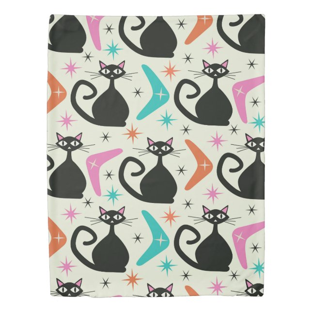Mid Century Black Atomic Cats with Boomerangs  Duvet Cover (Front)
