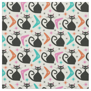 Mid Century Black Atomic Cats with Boomerangs Fabric