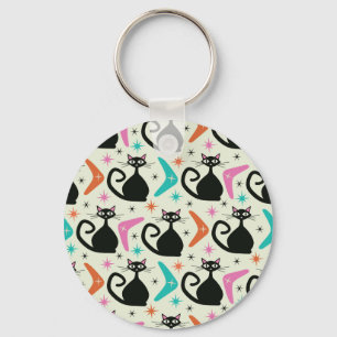 Mid Century Black Atomic Cats with Boomerangs  Keychain