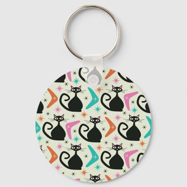 Mid Century Black Atomic Cats with Boomerangs  Keychain (Front)