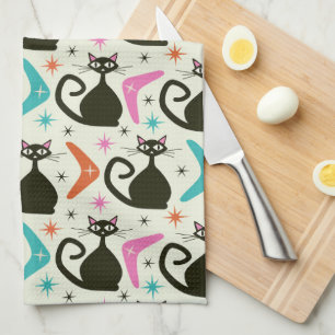 Mid Century Black Atomic Cats with Boomerangs Kitchen Towel