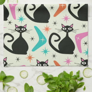 Mid Century Black Atomic Cats with Boomerangs Kitchen Towel