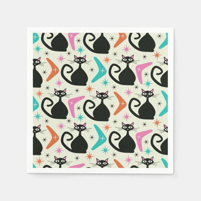 Mid Century Black Atomic Cats with Boomerangs  Napkins (Front)