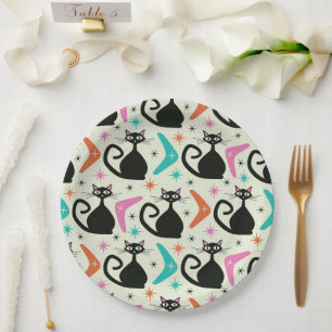 Mid Century Black Atomic Cats with Boomerangs  Paper Plates