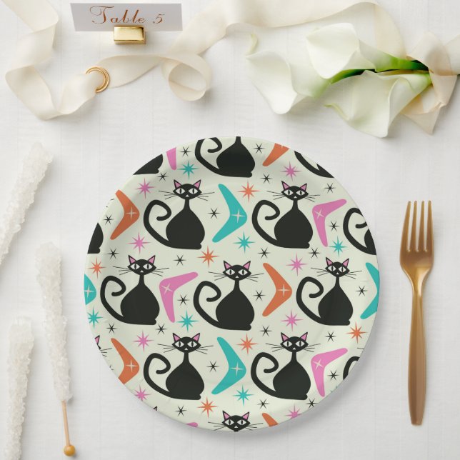 Mid Century Black Atomic Cats with Boomerangs  Paper Plates (Wedding)