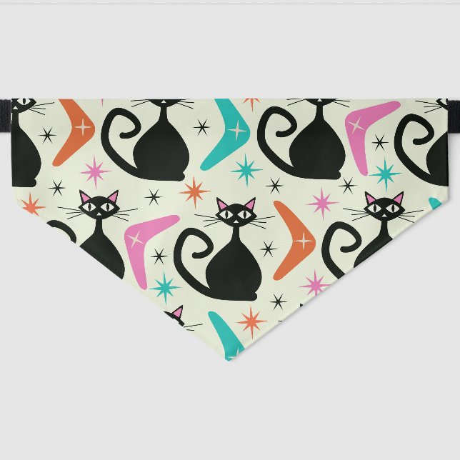 Mid Century Black Atomic Cats with Boomerangs  Pet Bandana Collar (Front)