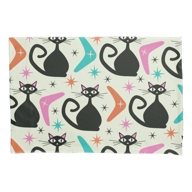 Mid Century Black Atomic Cats with Boomerangs  Pillow Case (Front)