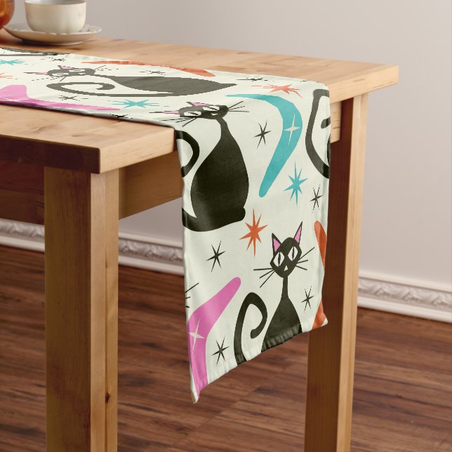 Mid Century Black Atomic Cats with Boomerangs Short Table Runner (In Situ)