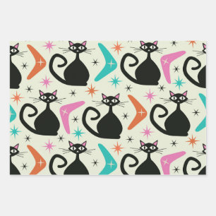 Mid Century Black Atomic Cats with Boomerangs  Wrapping Paper Sheets