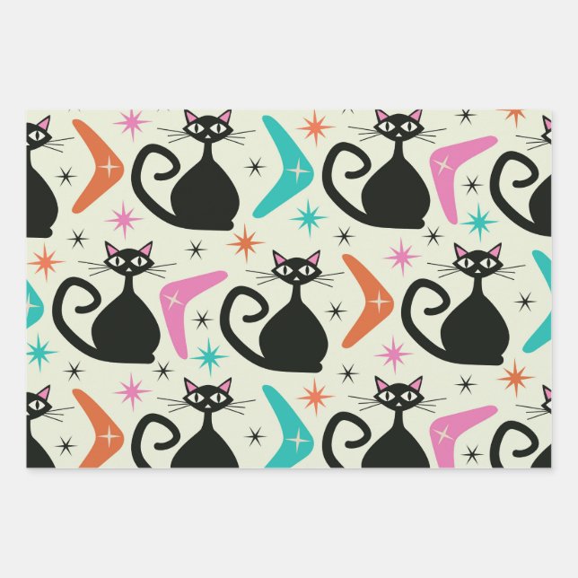 Mid Century Black Atomic Cats with Boomerangs  Wrapping Paper Sheets (Front)
