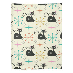 Mid Century Black Atomic Cats with Retro Starburst Duvet Cover