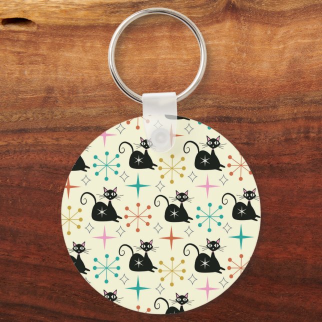 Mid Century Black Atomic Cats with Retro Starburst Keychain (Back)