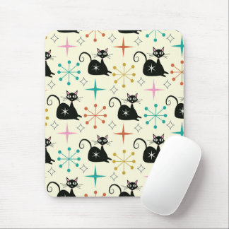 Mid Century Black Atomic Cats with Retro Starburst Mouse Pad