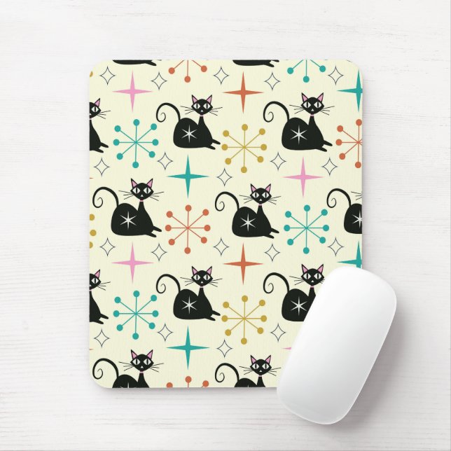 Mid Century Black Atomic Cats with Retro Starburst Mouse Pad (With Mouse)