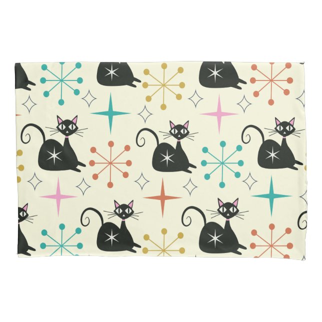 Mid Century Black Atomic Cats with Retro Starburst Pillow Case (Front)