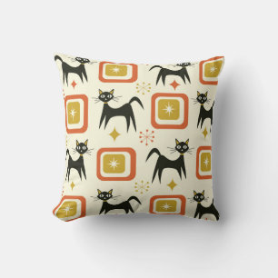 Mid Century Black Atomic Cats with Vintage squares Throw Pillow
