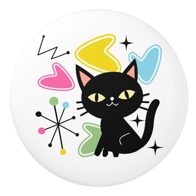 Mid Century black cat Ceramic Knob (Front)