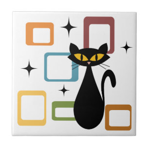 Mid Century black cat Ceramic Tile