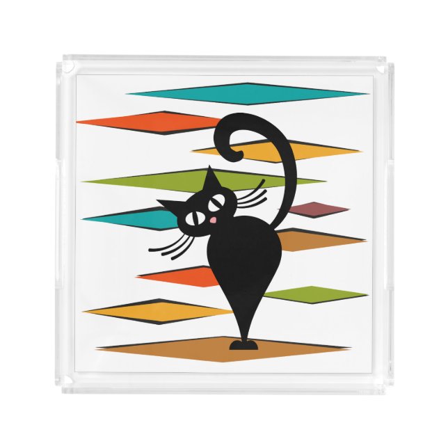 Mid Century black cat design Acrylic Tray (Front)