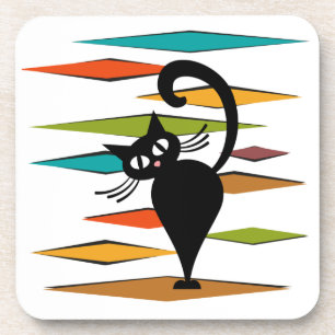 Mid Century black cat design Beverage Coaster