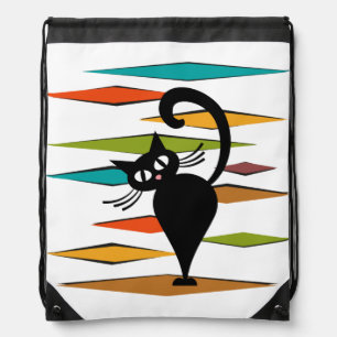 Mid Century black cat design Drawstring Bag