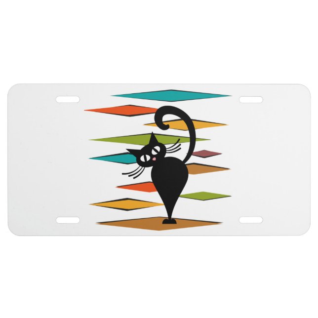 Mid Century black cat design License Plate (Front)