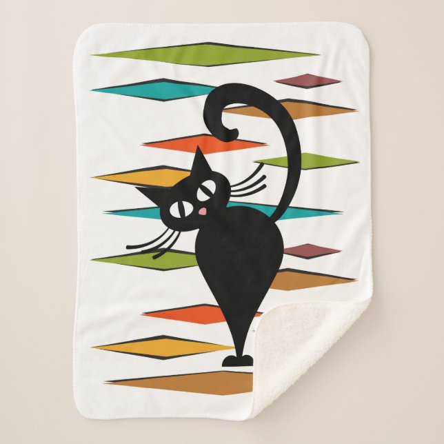 Mid Century black cat design Sherpa Blanket (Front)