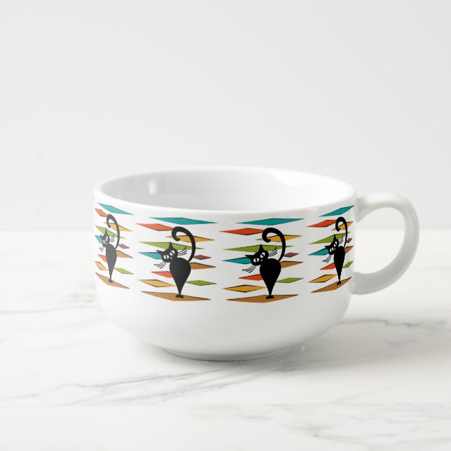 Mid Century black cat design Soup Mug (Left)