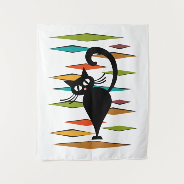 Mid Century black cat design Tapestry (Front)
