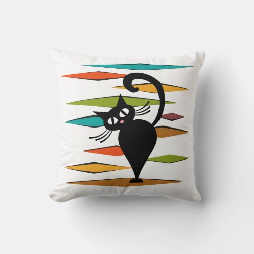 Mid Century black cat design Throw Pillow