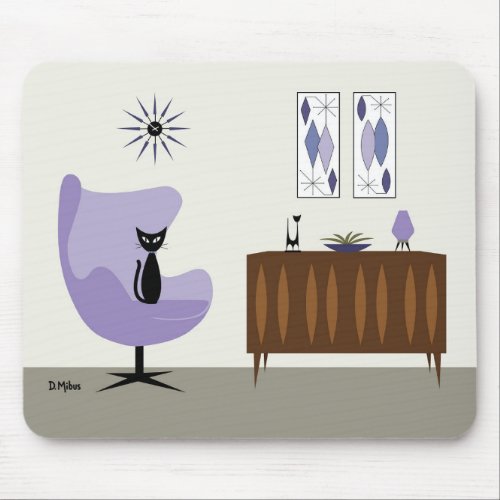 Mid Century Black Cat in Purple Chair Mouse Pad