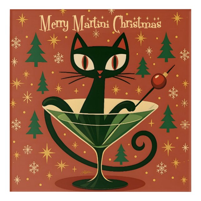 Mid Century Black Cat Merry Martini Christmas Acrylic Print (Front)