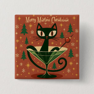 Mid Century Black Cat Merry Martini Christmas Button