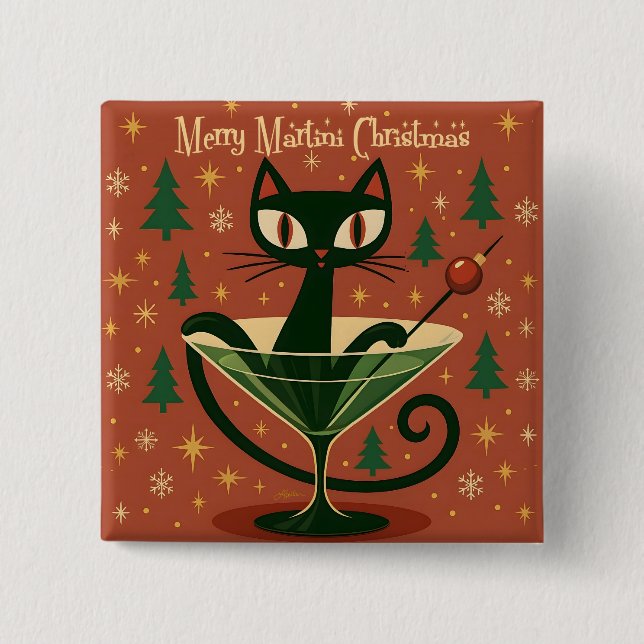 Mid Century Black Cat Merry Martini Christmas Button (Front)