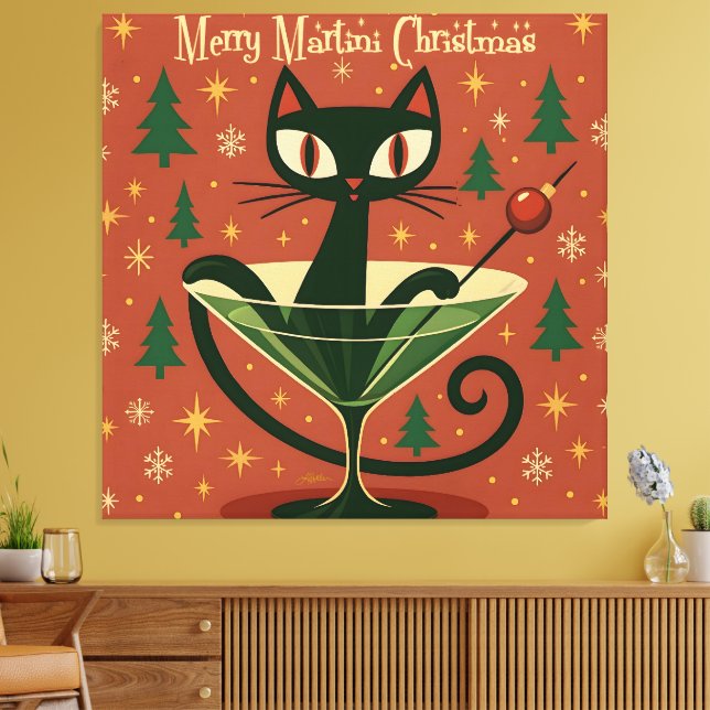 Mid Century Black Cat Merry Martini Christmas Canvas Print (Insitu(LivingRoom))