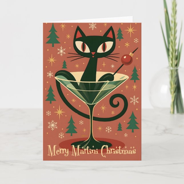 Mid Century Black Cat Merry Martini Christmas Card (Front)
