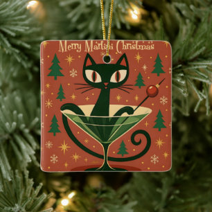 Mid Century Black Cat Merry Martini Christmas Ceramic Ornament