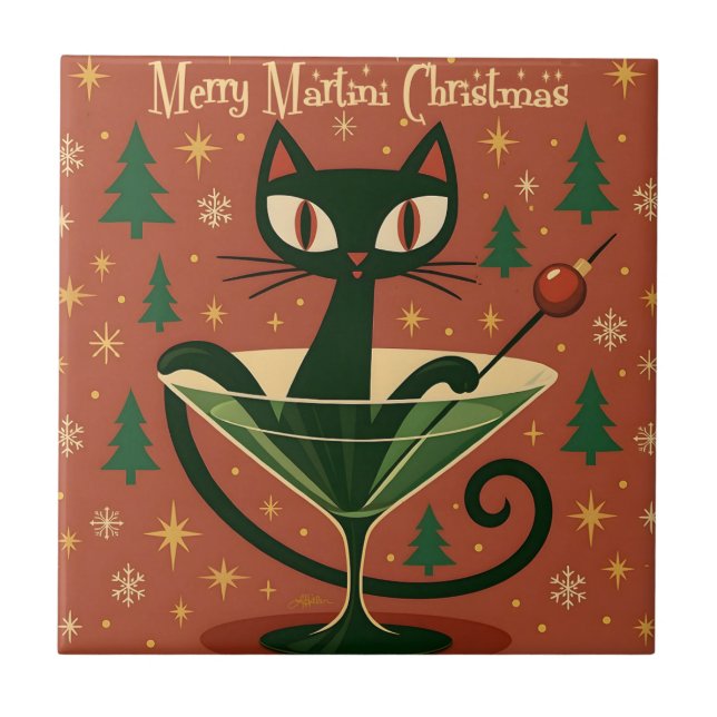Mid Century Black Cat Merry Martini Christmas Ceramic Tile (Front)