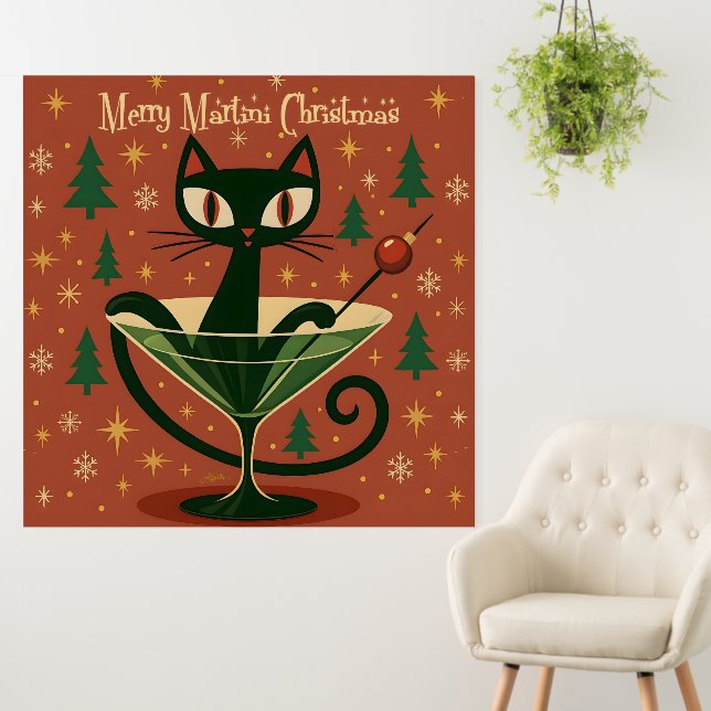 Mid Century Black Cat Merry Martini Christmas Foam Board (In Situ (Wall))