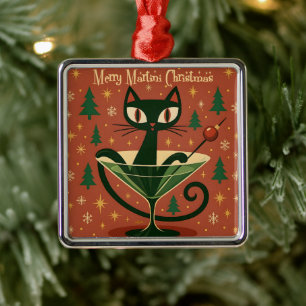 Mid Century Black Cat Merry Martini Christmas Metal Ornament
