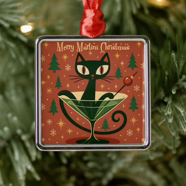 Mid Century Black Cat Merry Martini Christmas Metal Ornament (Tree)