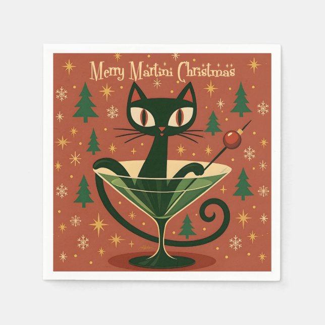 Mid Century Black Cat Merry Martini Christmas Napkins (Front)