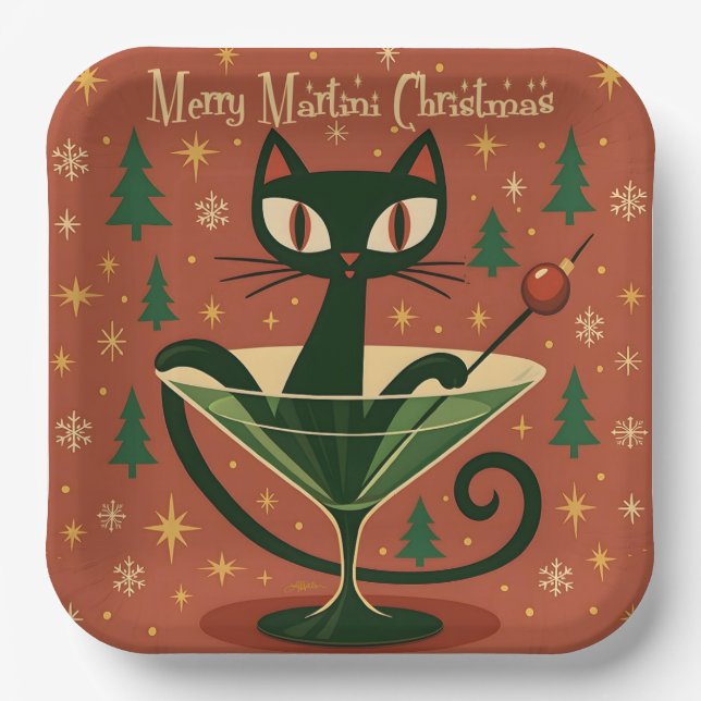Mid Century Black Cat Merry Martini Christmas Paper Plates (Front)