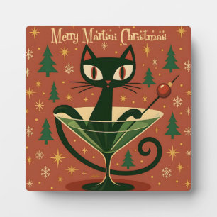 Mid Century Black Cat Merry Martini Christmas Plaque