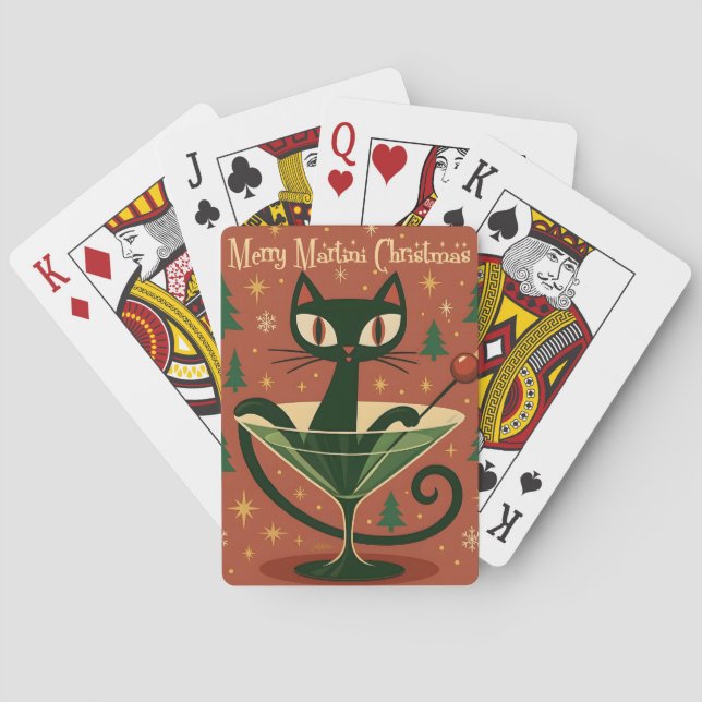 Mid Century Black Cat Merry Martini Christmas Poker Cards (Back)
