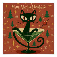 Mid Century Black Cat Merry Martini Christmas