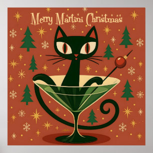 Mid Century Black Cat Merry Martini Christmas Poster