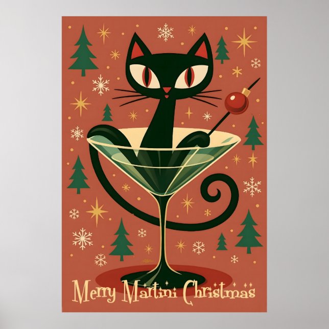 Mid Century Black Cat Merry Martini Christmas Poster (Front)