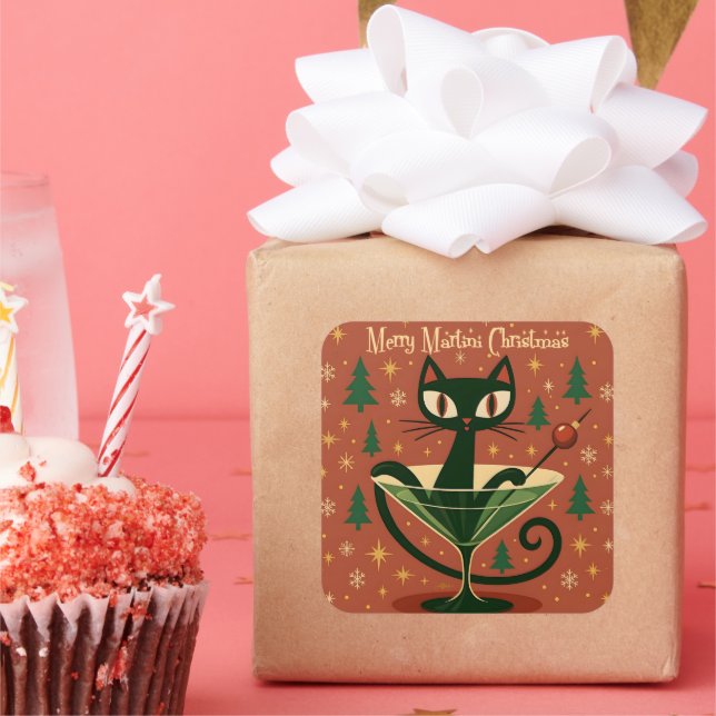 Mid Century Black Cat Merry Martini Christmas Square Sticker (Party)